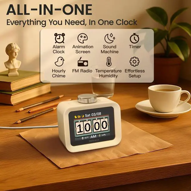 Alt view image 2 of 7 - AuraDot Cute Aalarm Clock Temperature Humidity Monitor, White Noise Sound Machine for Sleep 30 Non-Loop Soothing Sounds, Animationed Sleep Screen, 7-Day Programmable 4 Alarm Clock