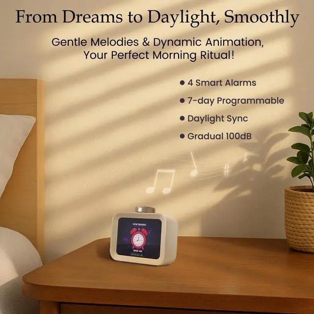 Alt view image 6 of 7 - AuraDot Cute Aalarm Clock Temperature Humidity Monitor, White Noise Sound Machine for Sleep 30 Non-Loop Soothing Sounds, Animationed Sleep Screen, 7-Day Programmable 4 Alarm Clock
