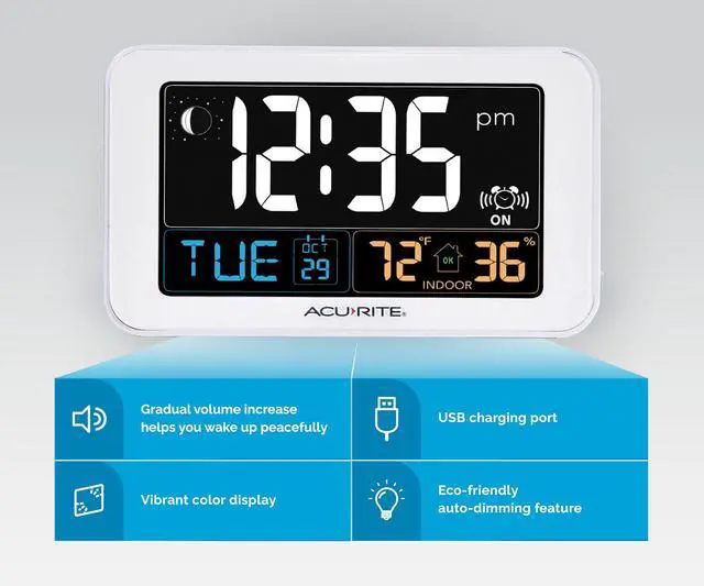 Alt view image 3 of 6 - Intelli-Time Digital Alarm Clock for Bedroom with USB Charger, Indoor Temperature and Humidity for Heavy Sleepers (13040CA)