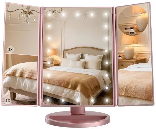 Main image of Makeup Mirror with Lights, Vanity Mirror with 2X/3X/10X Magnification, Touch Control, Tri-Fold LED Lighted Mirror, Dual Power Supply, Birthday Gifts for Women, Wife, Mom, Girls,Dorm Room Essentials