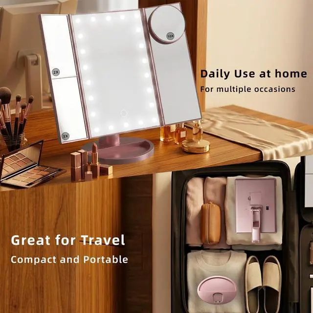 Alt view image 4 of 7 - Makeup Mirror with Lights, Vanity Mirror with 2X/3X/10X Magnification, Touch Control, Tri-Fold LED Lighted Mirror, Dual Power Supply, Birthday Gifts for Women, Wife, Mom, Girls,Dorm Room Essentials