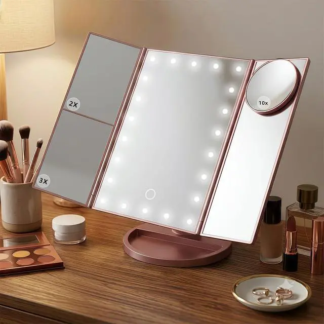 Alt view image 7 of 7 - Makeup Mirror with Lights, Vanity Mirror with 2X/3X/10X Magnification, Touch Control, Tri-Fold LED Lighted Mirror, Dual Power Supply, Birthday Gifts for Women, Wife, Mom, Girls,Dorm Room Essentials