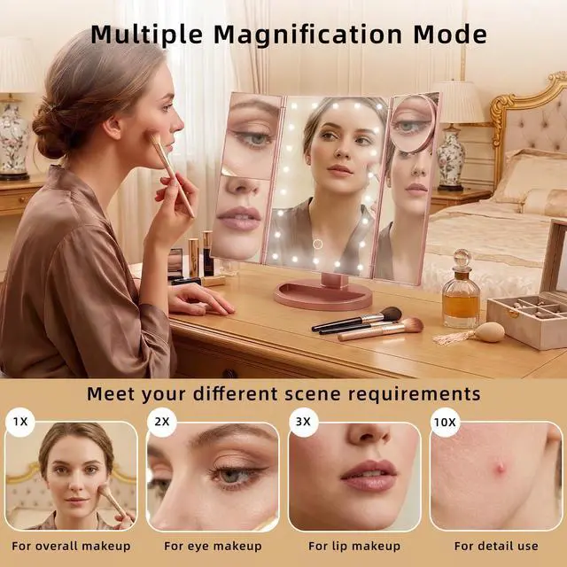 Alt view image 2 of 7 - Makeup Mirror with Lights, Vanity Mirror with 2X/3X/10X Magnification, Touch Control, Tri-Fold LED Lighted Mirror, Dual Power Supply, Birthday Gifts for Women, Wife, Mom, Girls,Dorm Room Essentials