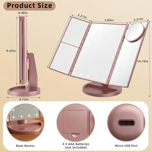 Alt view image 6 of 7 - Makeup Mirror with Lights, Vanity Mirror with 2X/3X/10X Magnification, Touch Control, Tri-Fold LED Lighted Mirror, Dual Power Supply, Birthday Gifts for Women, Wife, Mom, Girls,Dorm Room Essentials
