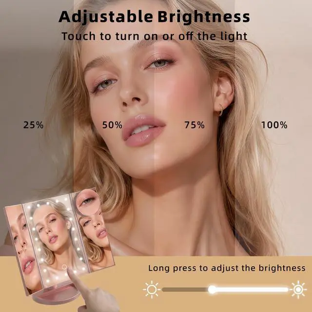Alt view image 3 of 7 - Makeup Mirror with Lights, Vanity Mirror with 2X/3X/10X Magnification, Touch Control, Tri-Fold LED Lighted Mirror, Dual Power Supply, Birthday Gifts for Women, Wife, Mom, Girls,Dorm Room Essentials