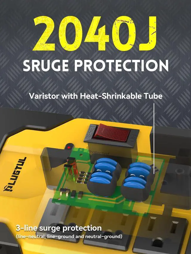 Alt view image 2 of 7 - Heavy Duty Surge Protector with USB Ports(PD 30W), 15A Metal Power Strip with Safety Cover, 10FT Extension Cord, 14/3 AWG, 2040Joules, Kitchen, Garage, Shop, Industrial Wall Mount, ETL Listed