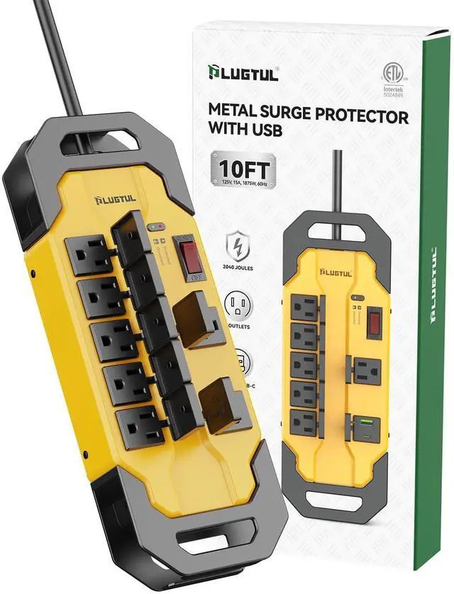 Main image of Heavy Duty Surge Protector with USB Ports(PD 30W), 15A Metal Power Strip with Safety Cover, 10FT Extension Cord, 14/3 AWG, 2040Joules, Kitchen, Garage, Shop, Industrial Wall Mount, ETL Listed