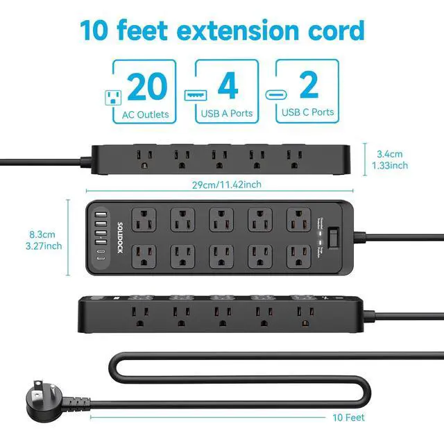 Alt view image 7 of 7 - Power Strip Surge Protector Flat Plug with 20 AC Outlets 6 USB Chagring Ports, 1875W/15A, 2700J, 10 Ft Heavy Duty Extension Cord for Home, Office, Dorm, Gaming,ETL Listed (Black, 10 Feet)