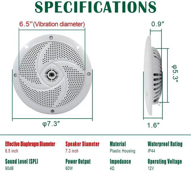 Alt view image 2 of 7 - 6.5 Inch RV Marine Speakers White - Waterproof Outdoor Boat Speakers | 120 Watt Power Indoor Stereo Sound Player with Low Profile Slim Style, 6 1/2" Shallow Mount Camper Van -1 Pair