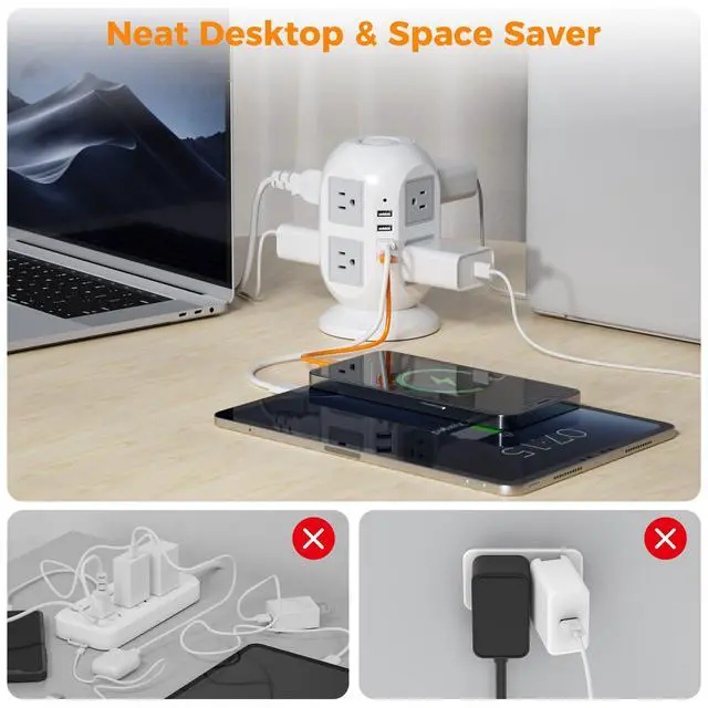 Alt view image 4 of 7 - Tower Surge Protector Power Strip 15 ft, Long Flat Extension Cord with Multiple Outlets, 8 AC Outlets with 4 USB Ports (1 USB C), Charging Station with Surge Protection, for Home Office Dorm