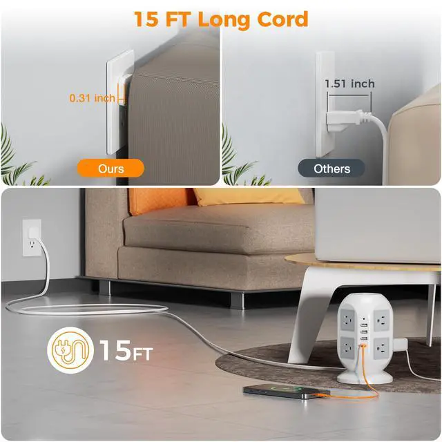 Alt view image 2 of 7 - Tower Surge Protector Power Strip 15 ft, Long Flat Extension Cord with Multiple Outlets, 8 AC Outlets with 4 USB Ports (1 USB C), Charging Station with Surge Protection, for Home Office Dorm