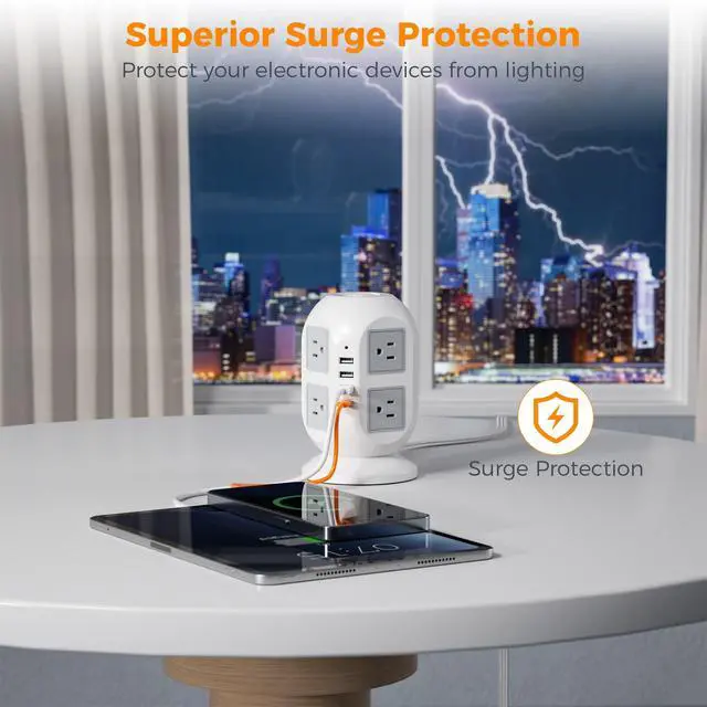 Alt view image 7 of 7 - Tower Surge Protector Power Strip 15 ft, Long Flat Extension Cord with Multiple Outlets, 8 AC Outlets with 4 USB Ports (1 USB C), Charging Station with Surge Protection, for Home Office Dorm