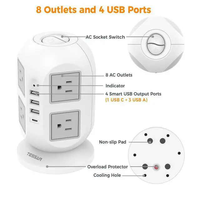 Alt view image 6 of 7 - Tower Surge Protector Power Strip 15 ft, Long Flat Extension Cord with Multiple Outlets, 8 AC Outlets with 4 USB Ports (1 USB C), Charging Station with Surge Protection, for Home Office Dorm
