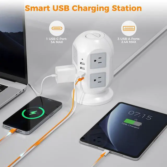 Alt view image 3 of 7 - Tower Surge Protector Power Strip 15 ft, Long Flat Extension Cord with Multiple Outlets, 8 AC Outlets with 4 USB Ports (1 USB C), Charging Station with Surge Protection, for Home Office Dorm