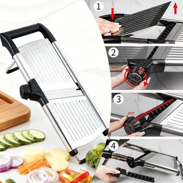 Alt view image 4 of 7 - Mandoline Food Slicer, Adjustable Mandoline Slicer for Kitchen, Stainless Steel Mandolin Vegetable Chopper for Potato/Tomato/Onion, Vegetable Slicer Julienne Cutter with Cut-Resistant Gloves