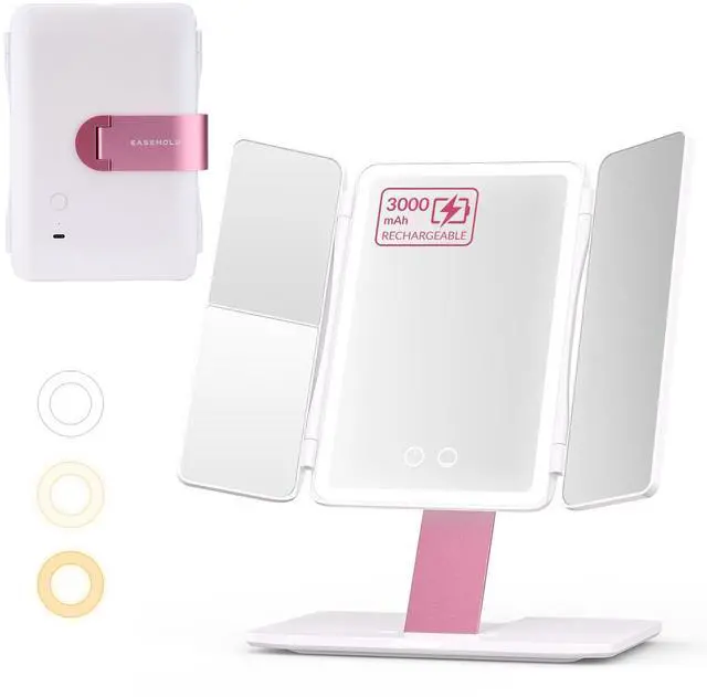 Main image of Foldable Tri-Fold Lighted Makeup Vanity Mirror with 60 LED Lights, 1X/2X/3X Magnification, Touch Control Dimming, 3000mah Rechargeable, 360° Rotation, Portable Travel Folding Compact Mirror
