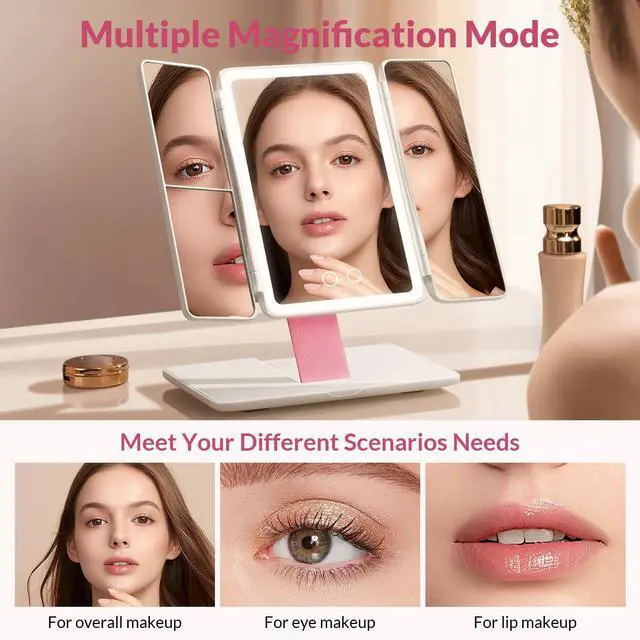 Alt view image 3 of 7 - Foldable Tri-Fold Lighted Makeup Vanity Mirror with 60 LED Lights, 1X/2X/3X Magnification, Touch Control Dimming, 3000mah Rechargeable, 360° Rotation, Portable Travel Folding Compact Mirror