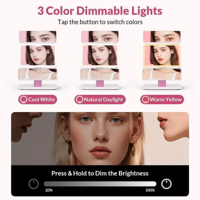 Alt view image 5 of 7 - Foldable Tri-Fold Lighted Makeup Vanity Mirror with 60 LED Lights, 1X/2X/3X Magnification, Touch Control Dimming, 3000mah Rechargeable, 360° Rotation, Portable Travel Folding Compact Mirror