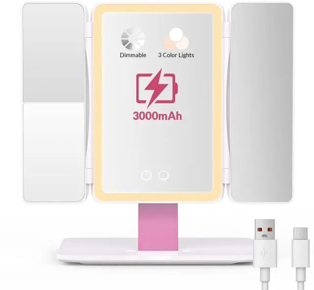 Alt view image 4 of 7 - Foldable Tri-Fold Lighted Makeup Vanity Mirror with 60 LED Lights, 1X/2X/3X Magnification, Touch Control Dimming, 3000mah Rechargeable, 360° Rotation, Portable Travel Folding Compact Mirror
