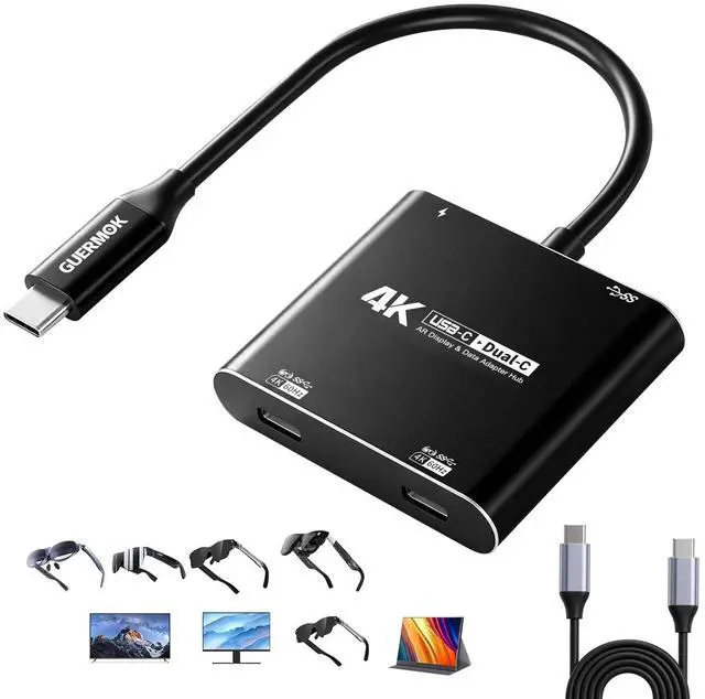 Main image of 4-in-1 Dual USB-C Display Hub, 4K@60Hz Video, PD 100W Fast Charging & USB 3.0 5Gbps, Compatible with AR Glasses, Switch 2, Laptops, Portable Monitors & Type-C DisplaysBlack