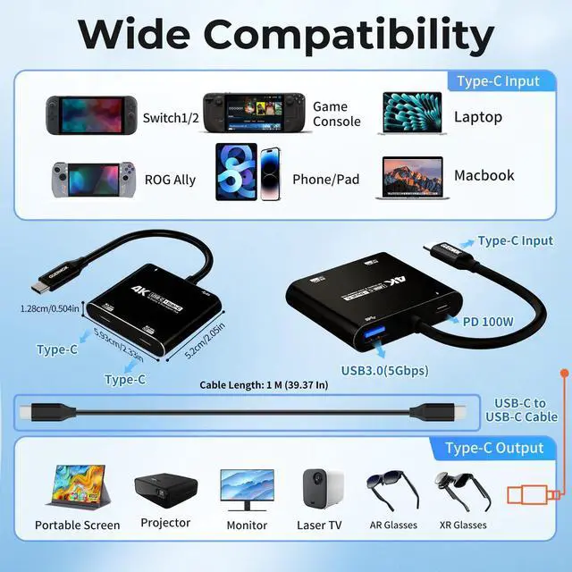 Alt view image 3 of 7 - 4-in-1 Dual USB-C Display Hub, 4K@60Hz Video, PD 100W Fast Charging & USB 3.0 5Gbps, Compatible with AR Glasses, Switch 2, Laptops, Portable Monitors & Type-C DisplaysBlack
