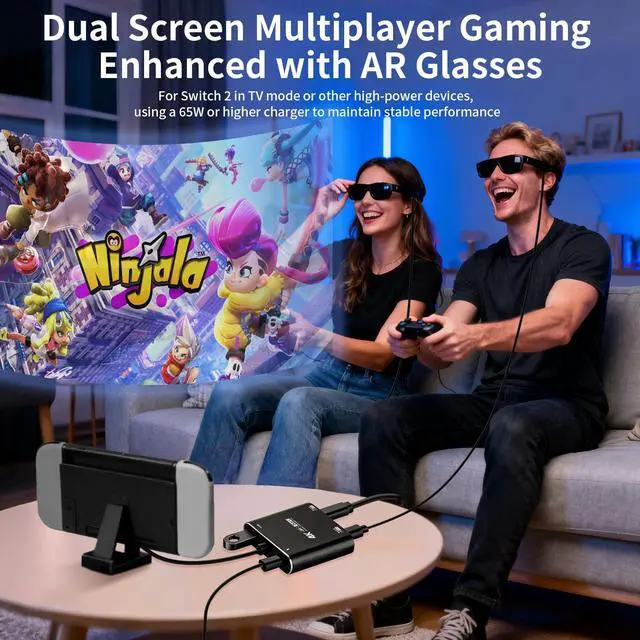 Alt view image 2 of 7 - 4-in-1 Dual USB-C Display Hub, 4K@60Hz Video, PD 100W Fast Charging & USB 3.0 5Gbps, Compatible with AR Glasses, Switch 2, Laptops, Portable Monitors & Type-C DisplaysBlack