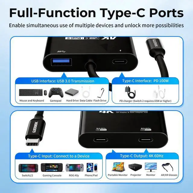 Alt view image 4 of 7 - 4-in-1 Dual USB-C Display Hub, 4K@60Hz Video, PD 100W Fast Charging & USB 3.0 5Gbps, Compatible with AR Glasses, Switch 2, Laptops, Portable Monitors & Type-C DisplaysBlack