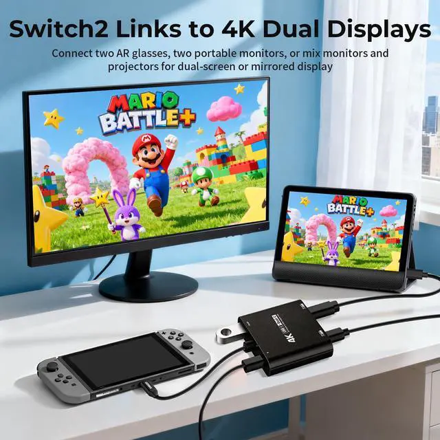 Alt view image 5 of 7 - 4-in-1 Dual USB-C Display Hub, 4K@60Hz Video, PD 100W Fast Charging & USB 3.0 5Gbps, Compatible with AR Glasses, Switch 2, Laptops, Portable Monitors & Type-C DisplaysBlack