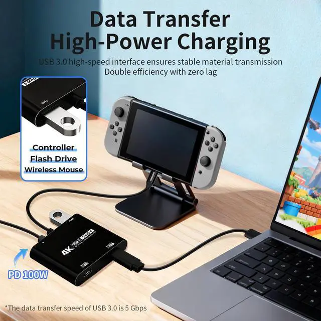 Alt view image 6 of 7 - 4-in-1 Dual USB-C Display Hub, 4K@60Hz Video, PD 100W Fast Charging & USB 3.0 5Gbps, Compatible with AR Glasses, Switch 2, Laptops, Portable Monitors & Type-C DisplaysBlack