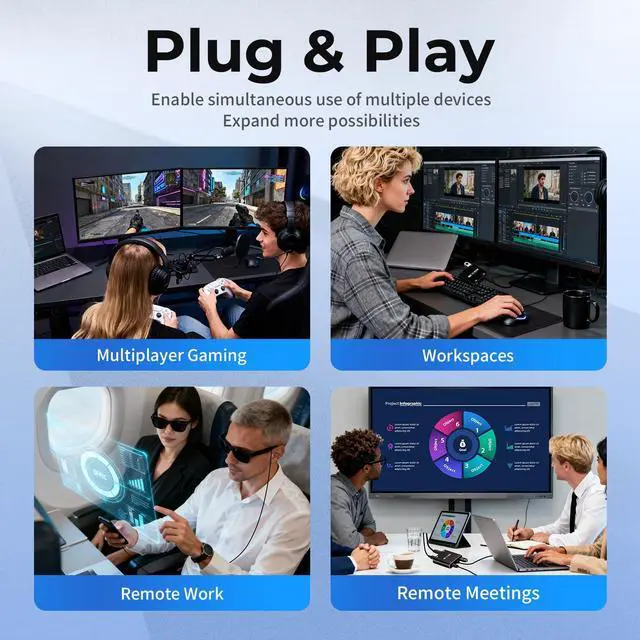 Alt view image 7 of 7 - 4-in-1 Dual USB-C Display Hub, 4K@60Hz Video, PD 100W Fast Charging & USB 3.0 5Gbps, Compatible with AR Glasses, Switch 2, Laptops, Portable Monitors & Type-C DisplaysBlack