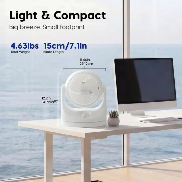 Alt view image 3 of 7 - WOOZOO Desk Fan, Oscillating Air Circulator, 3 Speeds, 36ft Max Air Distance, 244ft² Coverage, 112° Adjustable Vertical Tilt, 29db Quiet Motor, Small Fan for Bedroom, Office, Dorm, White