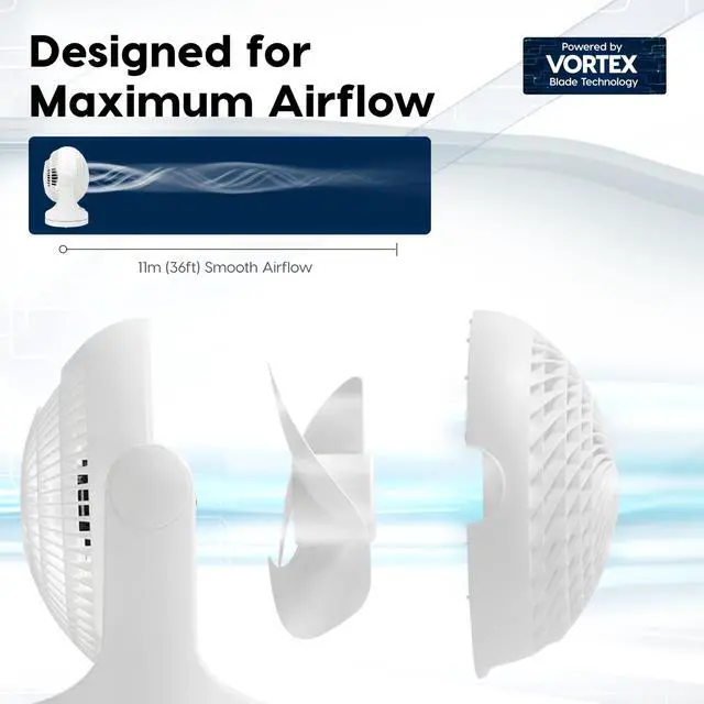 Alt view image 5 of 7 - WOOZOO Desk Fan, Oscillating Air Circulator, 3 Speeds, 36ft Max Air Distance, 244ft² Coverage, 112° Adjustable Vertical Tilt, 29db Quiet Motor, Small Fan for Bedroom, Office, Dorm, White