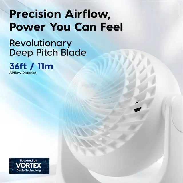 Alt view image 7 of 7 - WOOZOO Desk Fan, Oscillating Air Circulator, 3 Speeds, 36ft Max Air Distance, 244ft² Coverage, 112° Adjustable Vertical Tilt, 29db Quiet Motor, Small Fan for Bedroom, Office, Dorm, White
