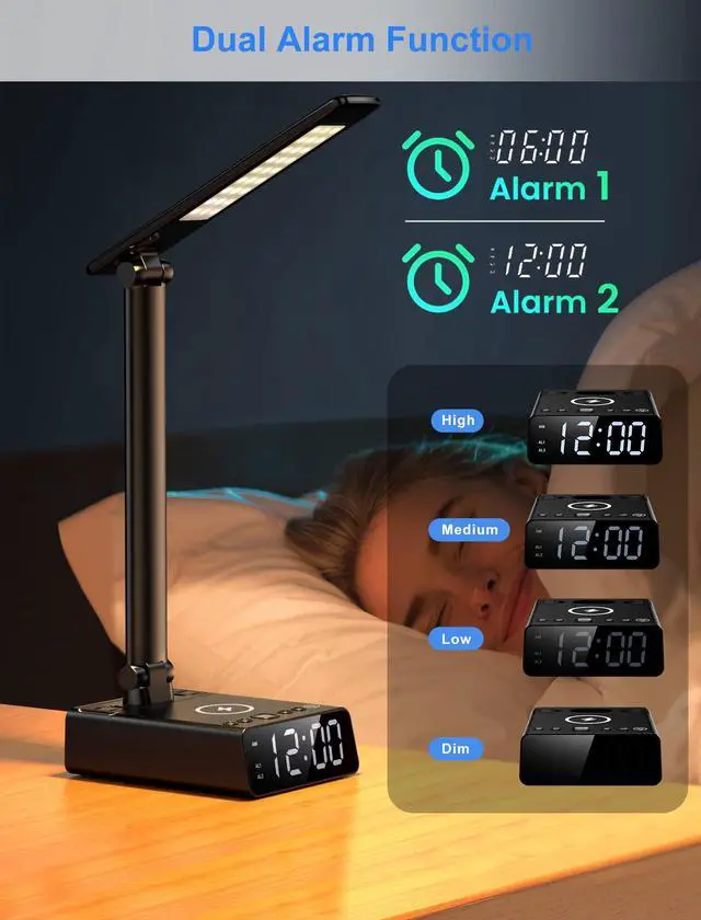 Alt view image 3 of 7 - Alarm Clock with Lamp, Wireless Charging, USB-C & USB Ports, AC Outlets, Bedside Digital Clock Charging Station with Night Light, Loud Dual Alarm for Heavy Sleepers, Kids, Teens & Adults