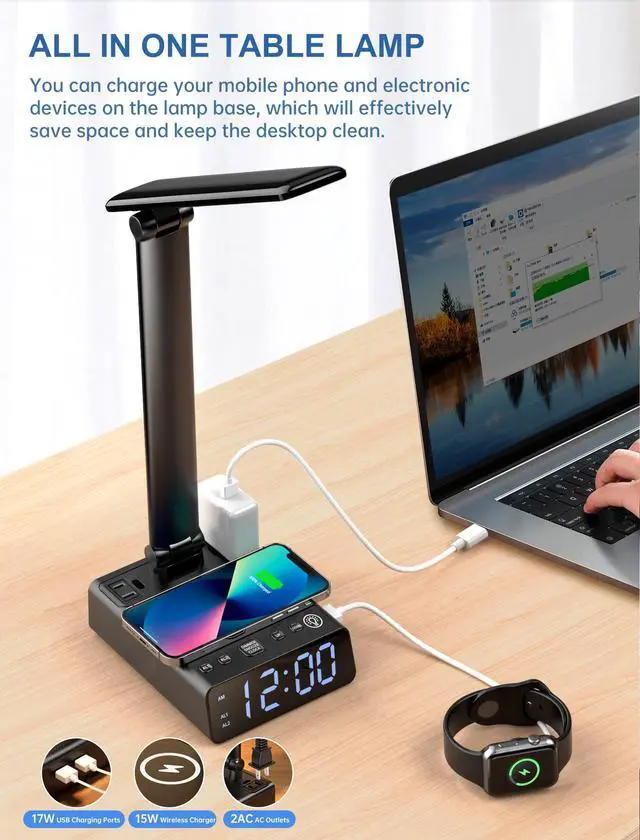 Alt view image 2 of 7 - Alarm Clock with Lamp, Wireless Charging, USB-C & USB Ports, AC Outlets, Bedside Digital Clock Charging Station with Night Light, Loud Dual Alarm for Heavy Sleepers, Kids, Teens & Adults
