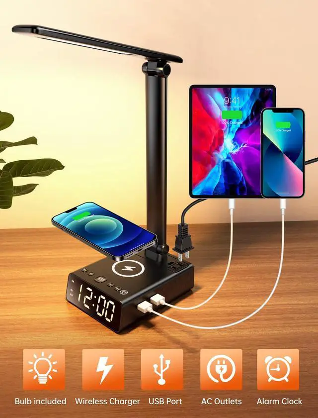 Alt view image 7 of 7 - Alarm Clock with Lamp, Wireless Charging, USB-C & USB Ports, AC Outlets, Bedside Digital Clock Charging Station with Night Light, Loud Dual Alarm for Heavy Sleepers, Kids, Teens & Adults