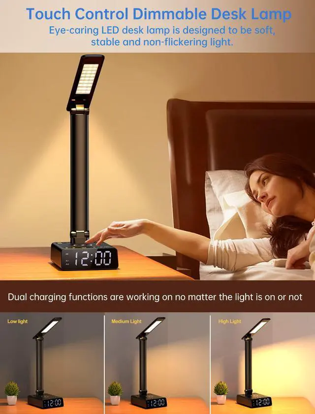 Alt view image 4 of 7 - Alarm Clock with Lamp, Wireless Charging, USB-C & USB Ports, AC Outlets, Bedside Digital Clock Charging Station with Night Light, Loud Dual Alarm for Heavy Sleepers, Kids, Teens & Adults