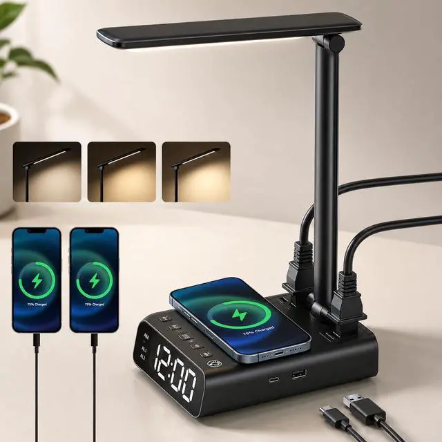 Main image of Alarm Clock with Lamp, Wireless Charging, USB-C & USB Ports, AC Outlets, Bedside Digital Clock Charging Station with Night Light, Loud Dual Alarm for Heavy Sleepers, Kids, Teens & Adults