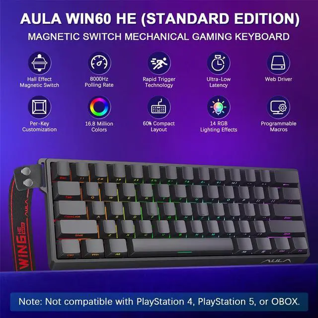 Alt view image 2 of 7 - Aula WIN60 HE 60% Mechanical Keyboard Wired, Hall Effect Gaming Keyboard Magnetic Switch Hot Swappable, Adjustable Actuation Rapid Trigger Mode 8000Hz Polling Rate, RGB Keyboard 60 Percent Design