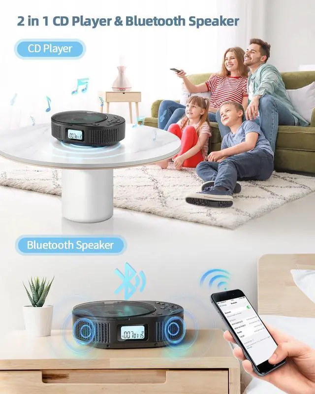Alt view image 2 of 7 - CD Player Portable, Upgraded 2 in 1 Portable CD Player & Bluetooth Speaker, Rechargeable Boombox CD Player for Car/Home with Remote Control, FM Radio, Support AUX/USB, Headphone Jack