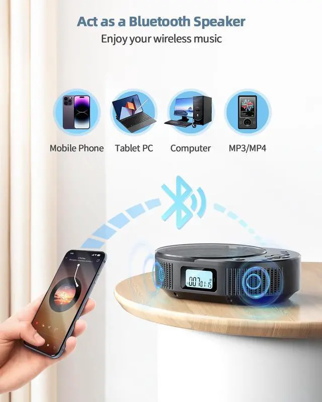 Alt view image 4 of 7 - CD Player Portable, Upgraded 2 in 1 Portable CD Player & Bluetooth Speaker, Rechargeable Boombox CD Player for Car/Home with Remote Control, FM Radio, Support AUX/USB, Headphone Jack