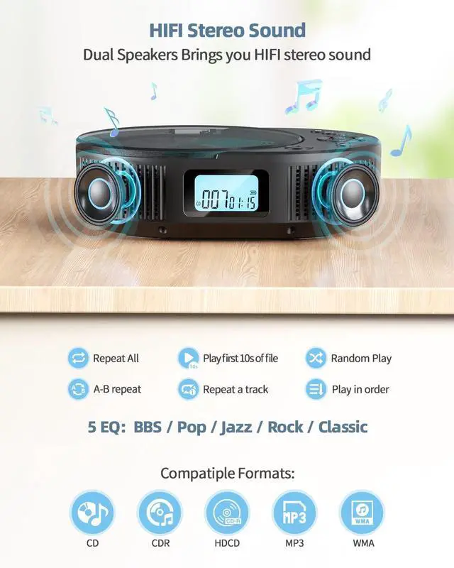Alt view image 5 of 7 - CD Player Portable, Upgraded 2 in 1 Portable CD Player & Bluetooth Speaker, Rechargeable Boombox CD Player for Car/Home with Remote Control, FM Radio, Support AUX/USB, Headphone Jack