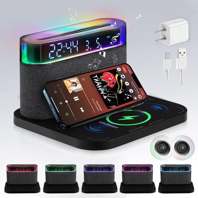 Main image of Bluetooth Alarm Clock with Wireless Charging,6-in-1 Alarm Clocks for bedrooms Alarm Clock Bluetooth Speaker Wireless Charging, 3 Level Brightness&Colorful Light,Snooze(Black)
