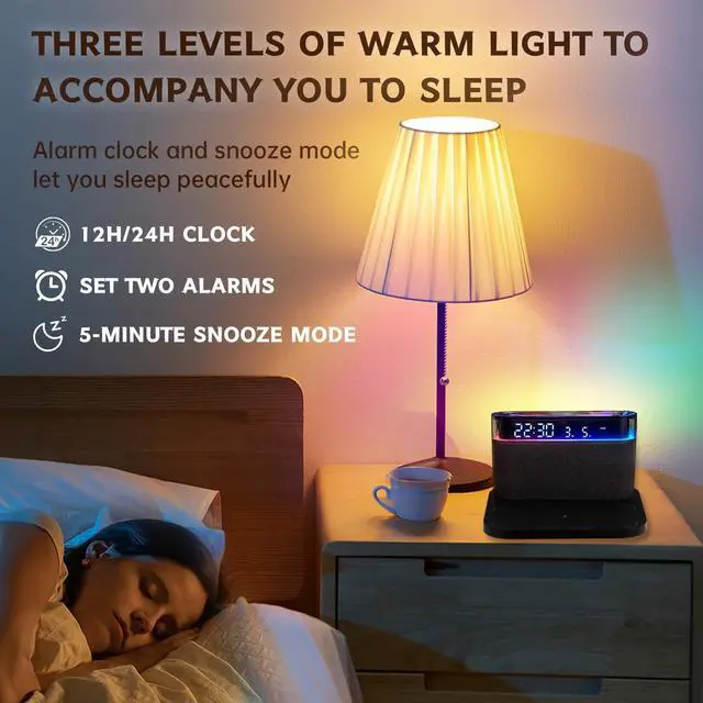 Alt view image 2 of 7 - Bluetooth Alarm Clock with Wireless Charging,6-in-1 Alarm Clocks for bedrooms Alarm Clock Bluetooth Speaker Wireless Charging, 3 Level Brightness&Colorful Light,Snooze(Black)