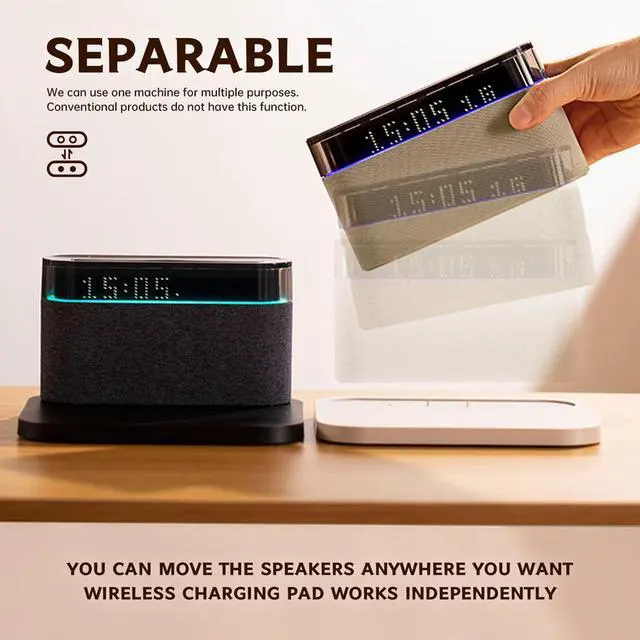 Alt view image 4 of 7 - Bluetooth Alarm Clock with Wireless Charging,6-in-1 Alarm Clocks for bedrooms Alarm Clock Bluetooth Speaker Wireless Charging, 3 Level Brightness&Colorful Light,Snooze(Black)
