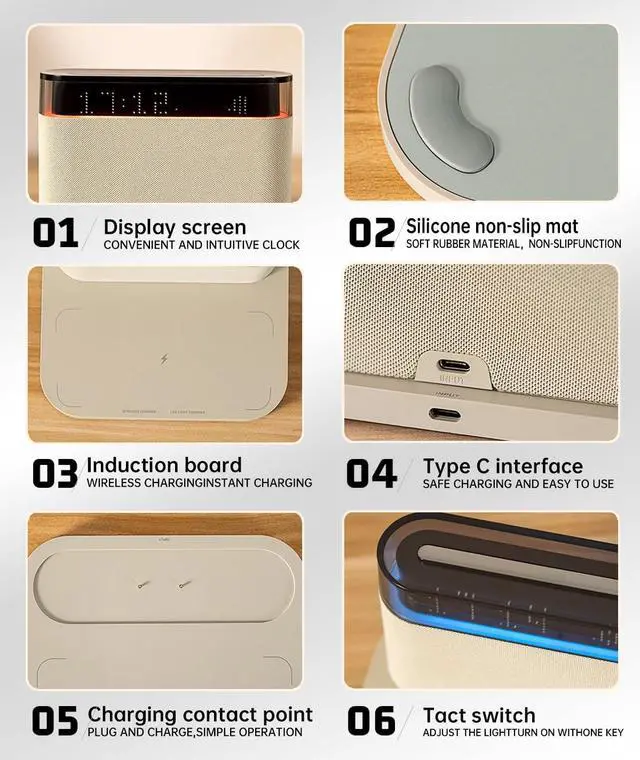 Alt view image 6 of 7 - Bluetooth Alarm Clock with Wireless Charging,6-in-1 Alarm Clocks for bedrooms Alarm Clock Bluetooth Speaker Wireless Charging, 3 Level Brightness&Colorful Light,Snooze(Black)