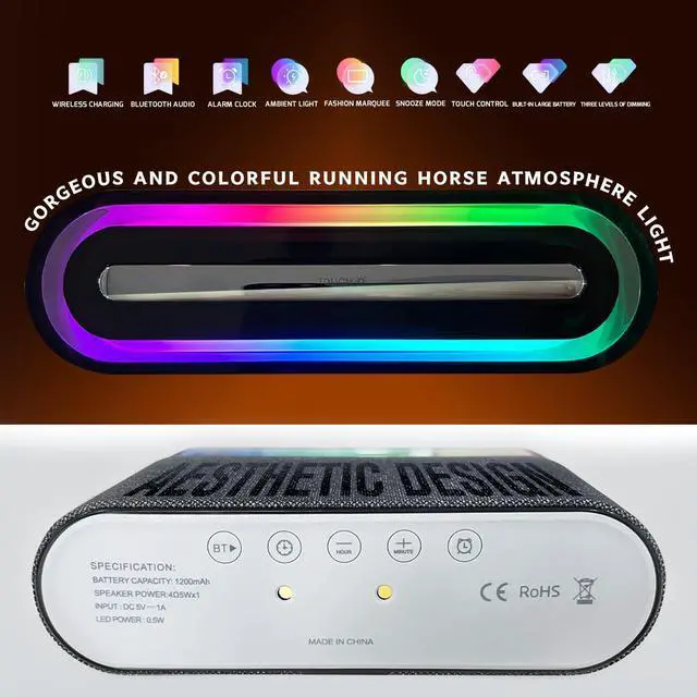 Alt view image 3 of 7 - Bluetooth Alarm Clock with Wireless Charging,6-in-1 Alarm Clocks for bedrooms Alarm Clock Bluetooth Speaker Wireless Charging, 3 Level Brightness&Colorful Light,Snooze(Black)