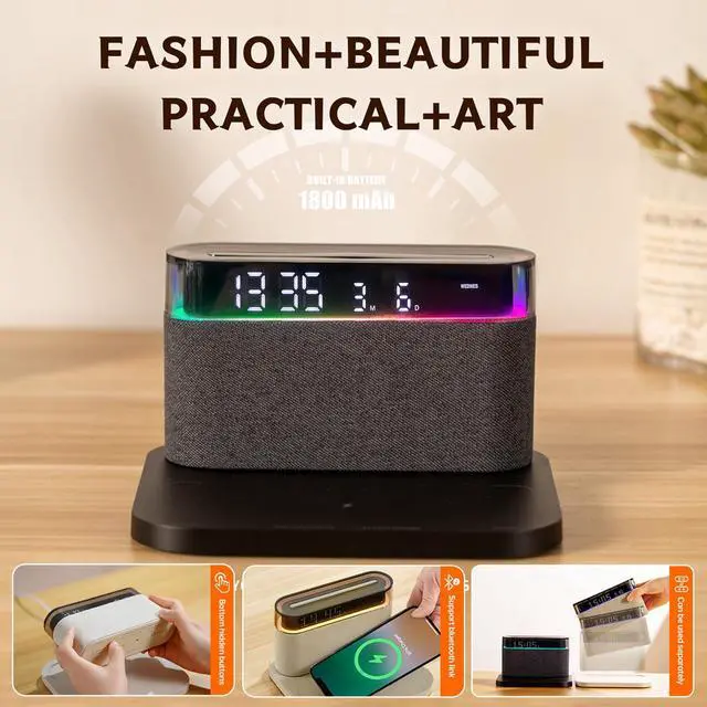 Alt view image 5 of 7 - Bluetooth Alarm Clock with Wireless Charging,6-in-1 Alarm Clocks for bedrooms Alarm Clock Bluetooth Speaker Wireless Charging, 3 Level Brightness&Colorful Light,Snooze(Black)