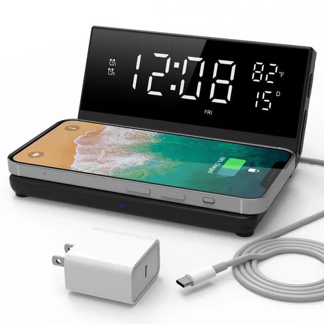 Main image of Charge Rise II, SFQ-20: Digital Alarm Clock, with Dual Alarms, Fast USB Charger and Wireless Charger (Black)