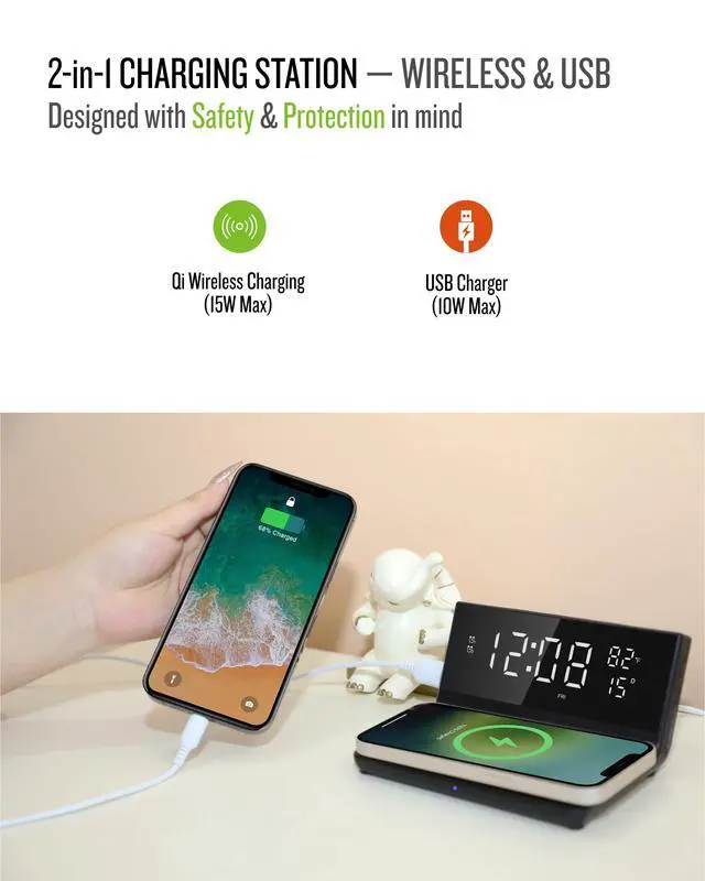 Alt view image 3 of 7 - Charge Rise II, SFQ-20: Digital Alarm Clock, with Dual Alarms, Fast USB Charger and Wireless Charger (Black)